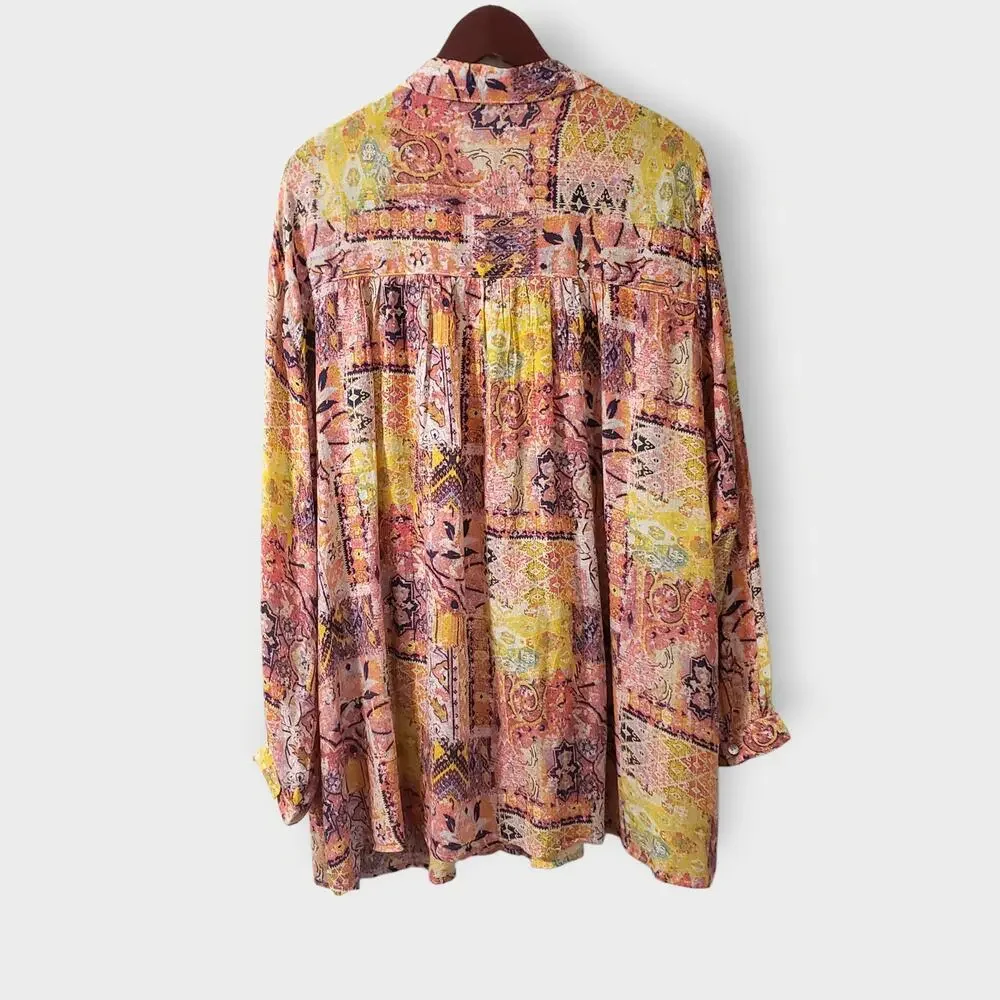 Jane + Delancey‎ 3X Pink Abstract Pleated Button Up Shirt Artsy Lagen Colorful